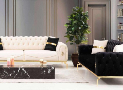 Sofa set luxury Chesterfield Seating group three-seater Black 3+3 Seat